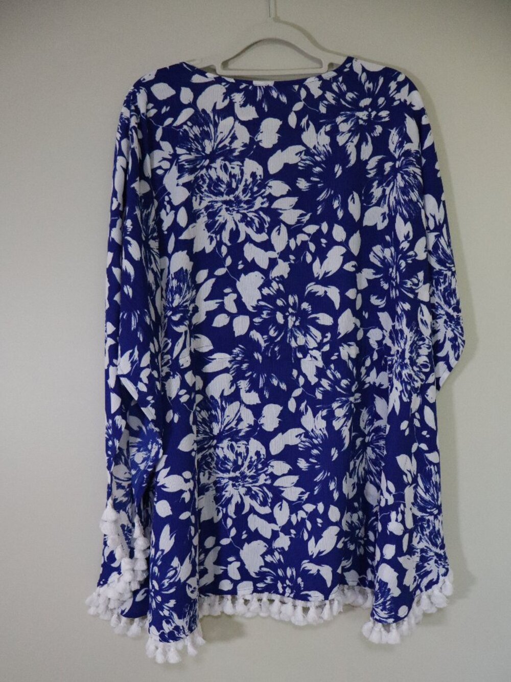 Blue and White Floral Swimsuit Cover Up with Tassels - Picture 6 of 6